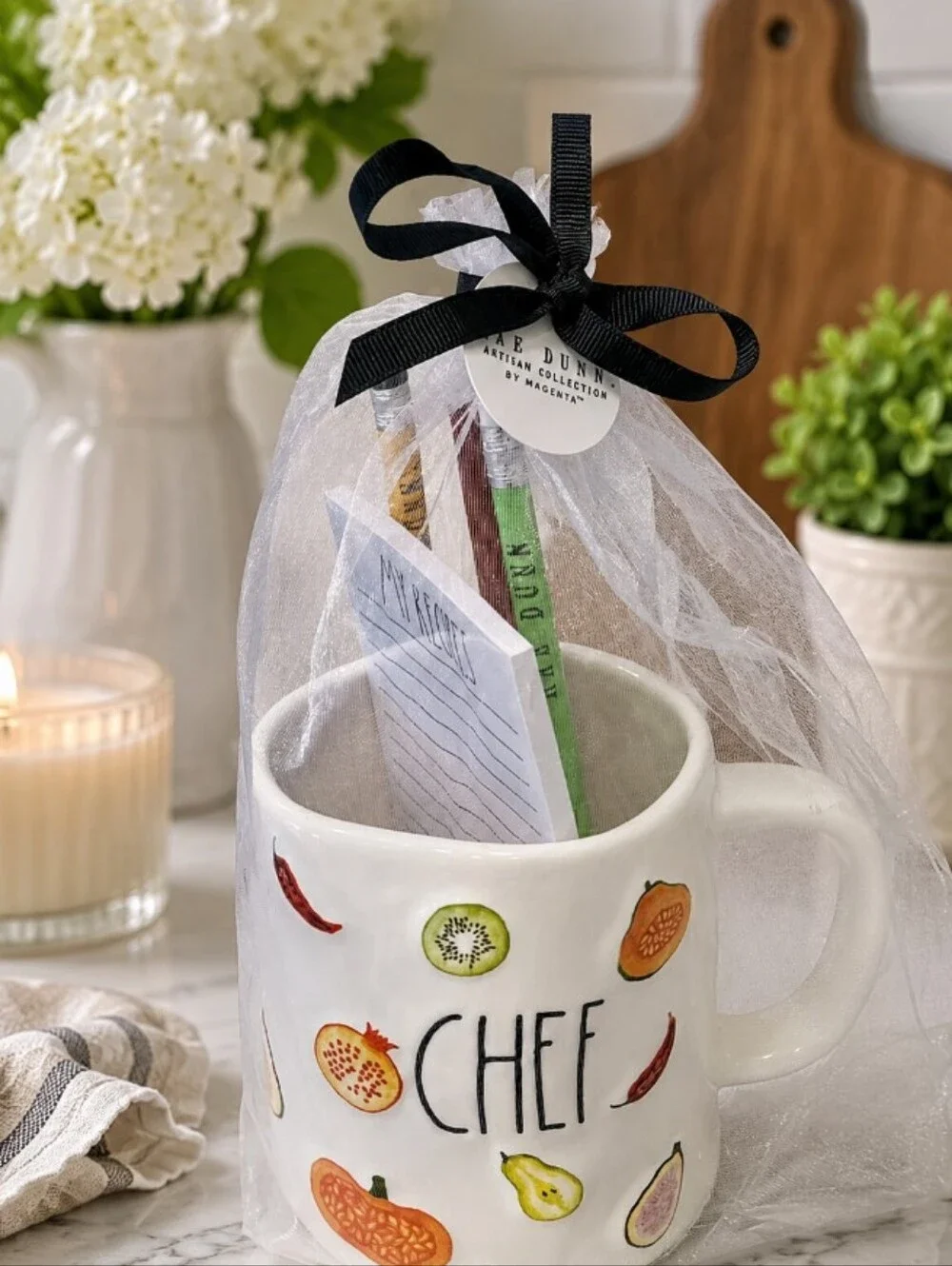 Rae Dunn White Ceramic Chef Mug with Colorful Fruit Accents Notepad 3 Pencils